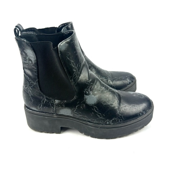 Iron Fist Skull Bootie 38 Black Faux Leather Platform Ankle Boot Womens Slip On - Picture 4 of 9